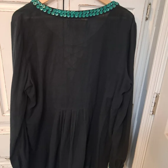 Double D Ranch Black Top Blue Embroidered Turquoise Button Embelish Sheer - Picture 6 of 7